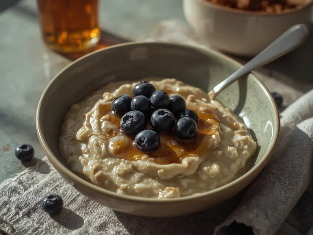 Fluffy egg white protein oatmeal topped with blueberries and maple syrup