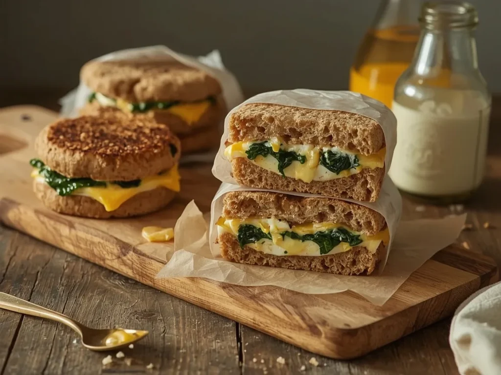 Freezer egg and cheese breakfast sandwiches on English muffins, some wrapped in parchment