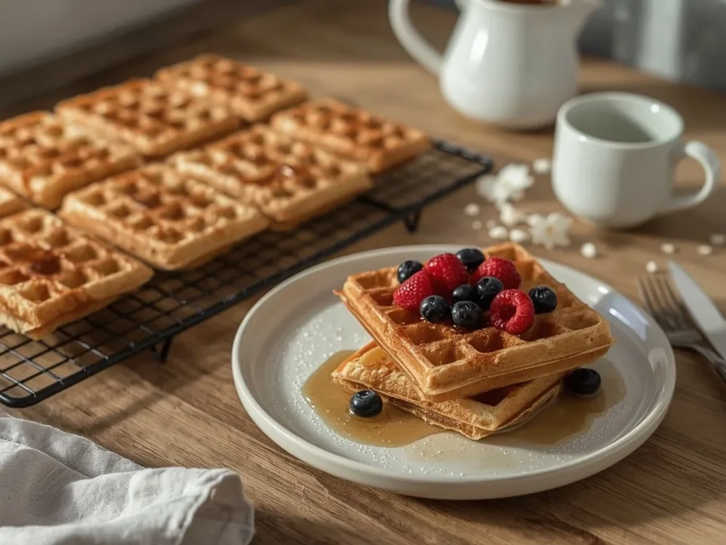 Freezer protein waffles on a cooling rack with berries