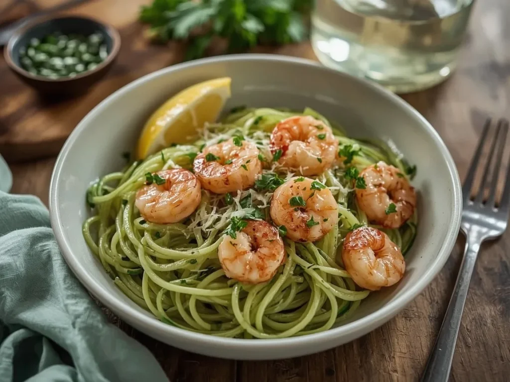 Garlic butter shrimp with zucchini noodles, Parmesan and parsley
