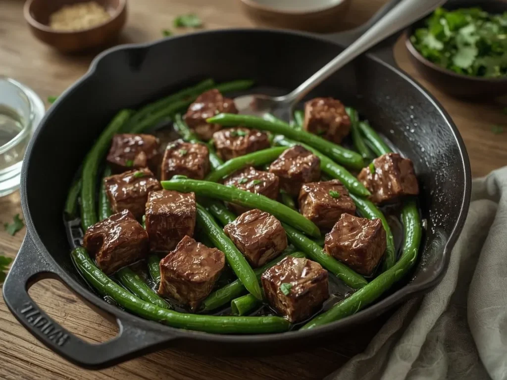 Garlic butter steak bites with green beans in a cast iron skillet