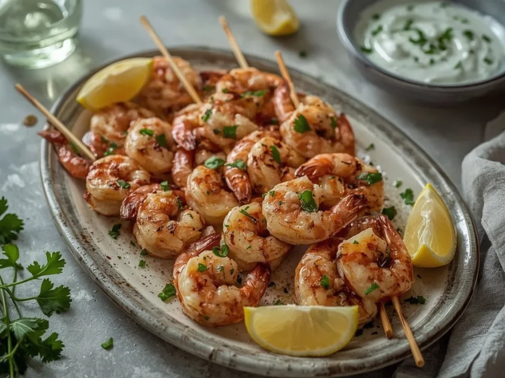 Garlic shrimp skewers with a herb yogurt dipping sauce and lemon wedges