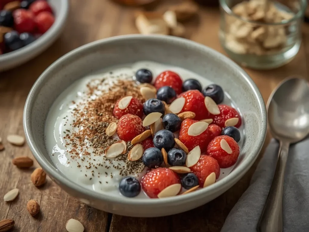 Greek yogurt berry bowl with chia seeds and sliced almonds