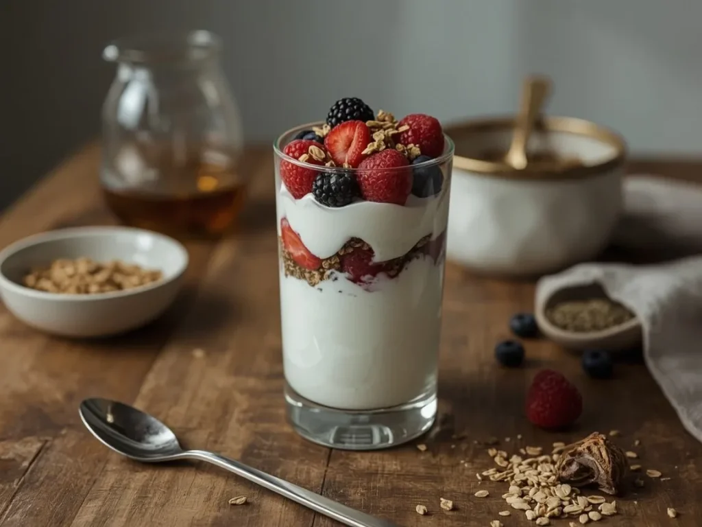 Greek yogurt berry parfait layered with fresh berries and topped with granola