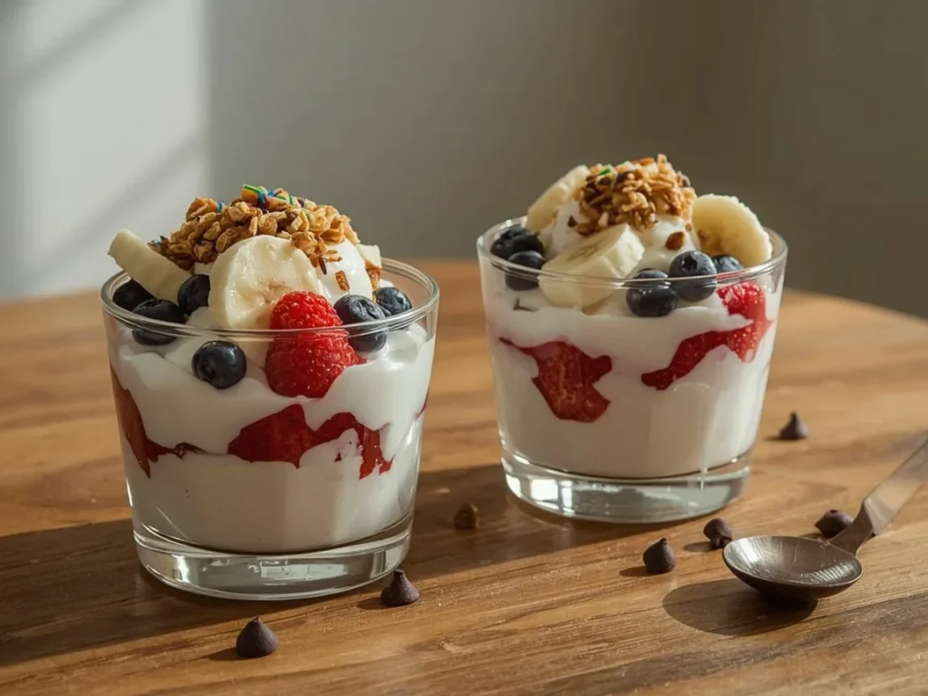 Greek yogurt breakfast sundaes with berries, granola and chocolate chips
