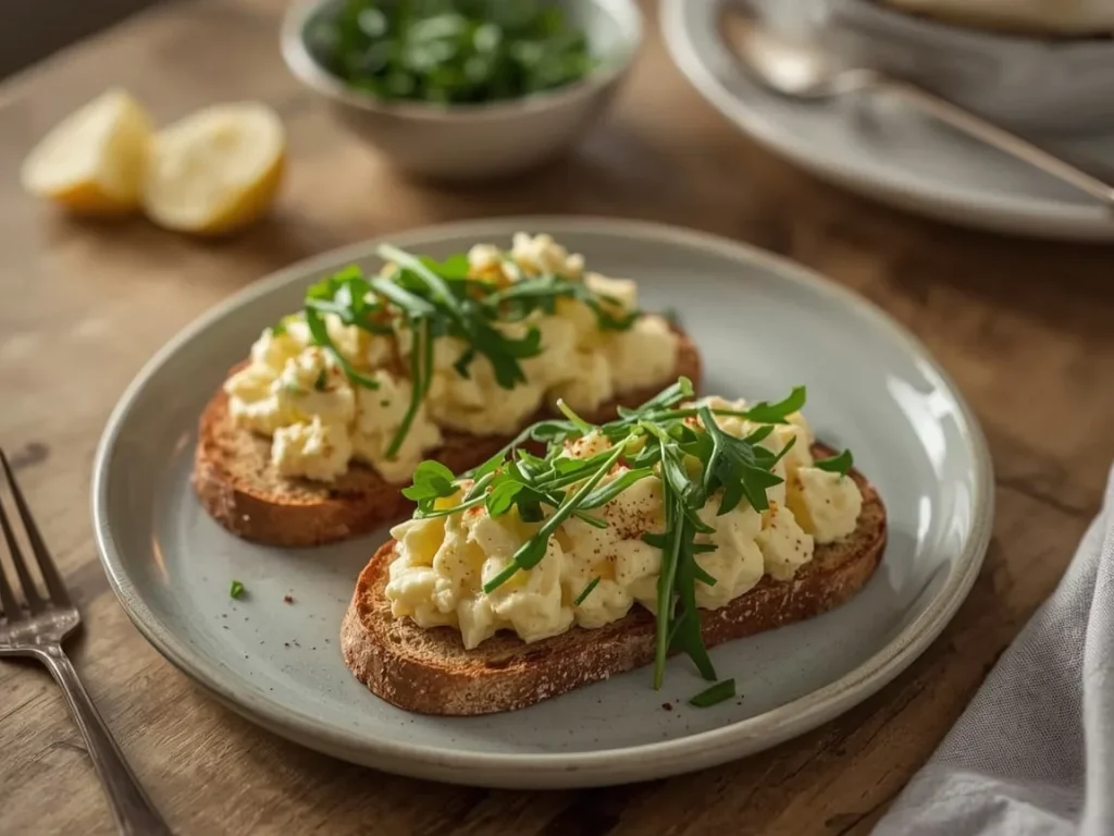 Greek yogurt egg salad on whole-grain toast with arugula, chives and paprika