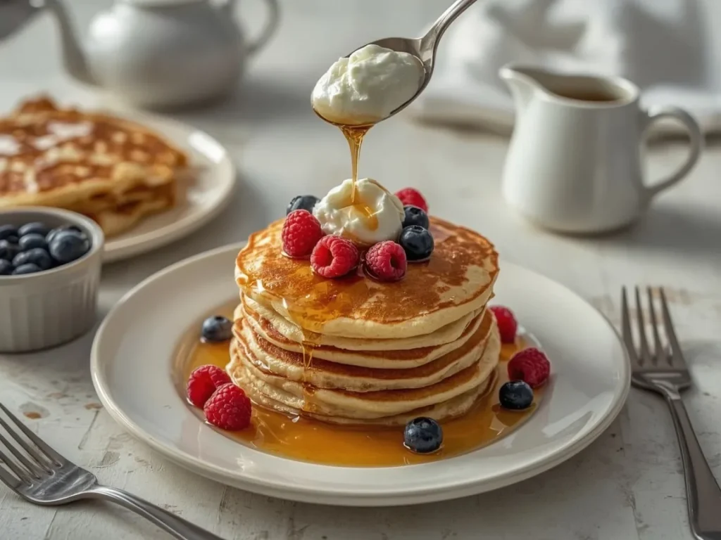 Stack of Greek yogurt protein pancakes topped with yogurt, fresh berries and maple syrup