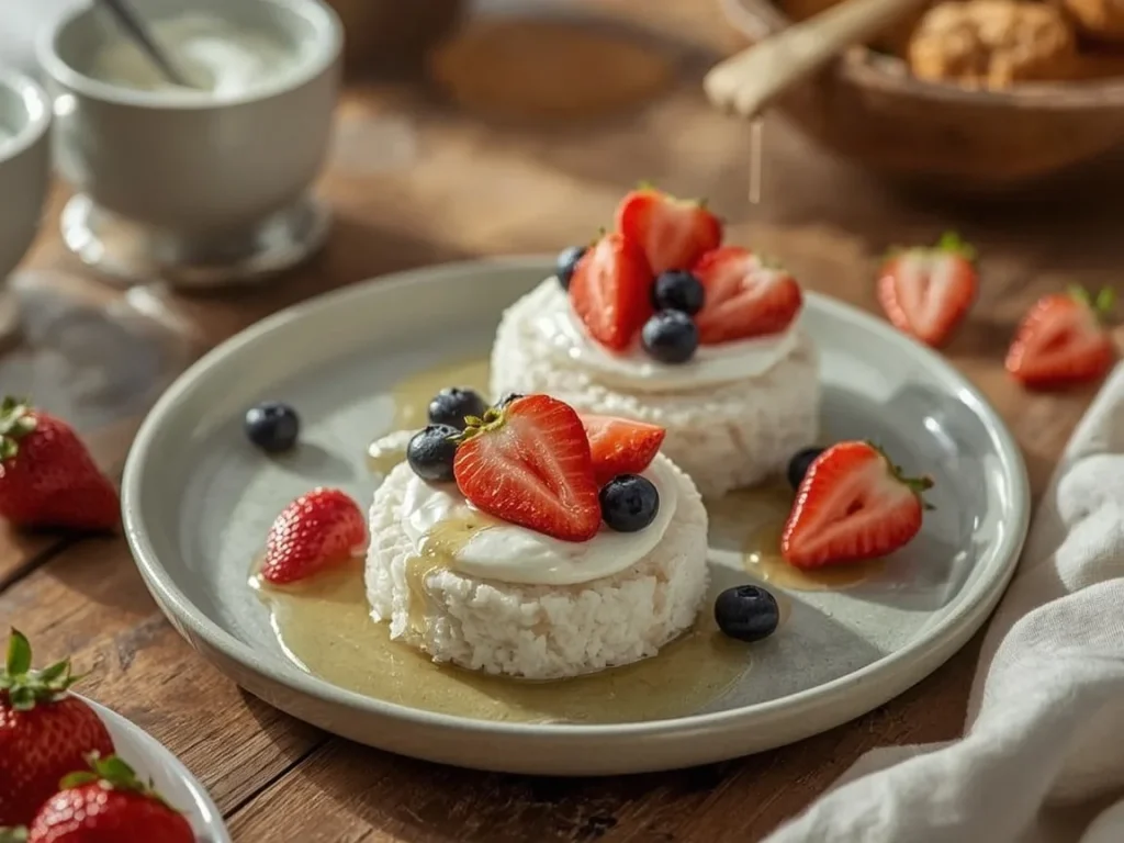 Greek yogurt rice cakes topped with berries and honey