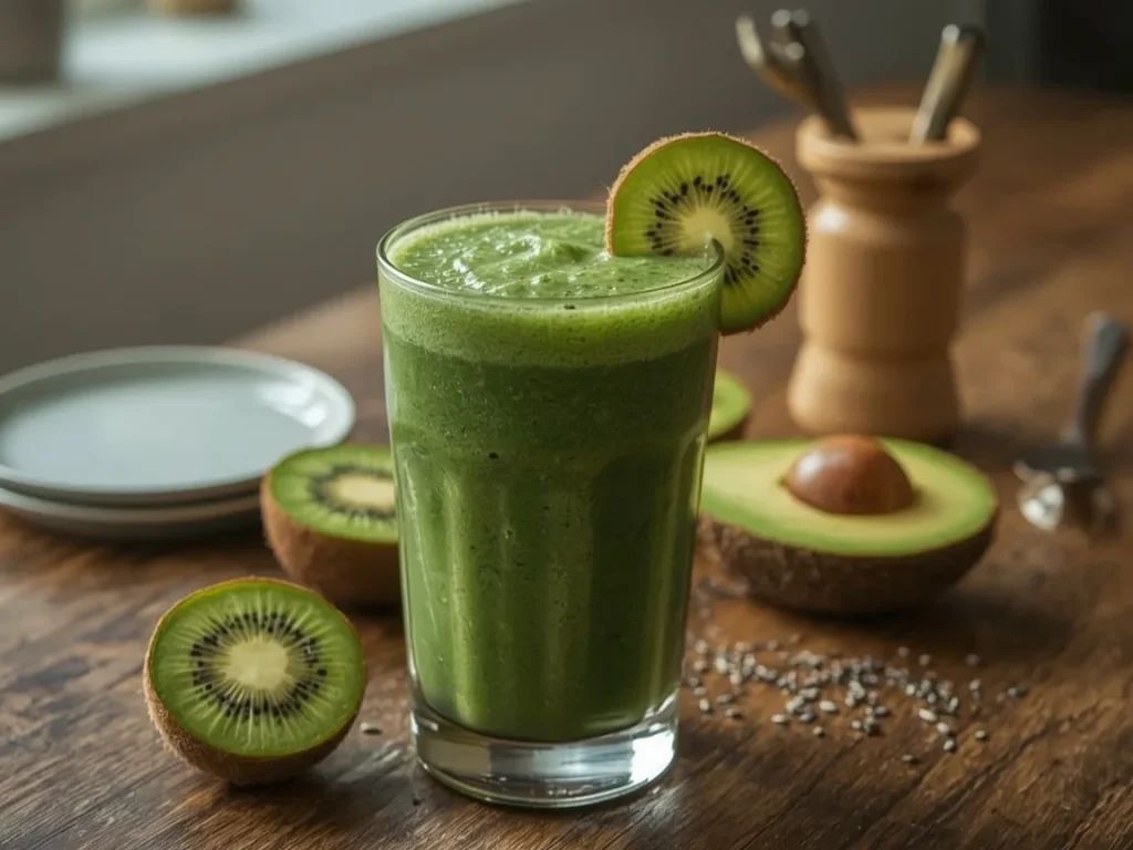 Green kiwi protein smoothie with spinach, avocado and chia