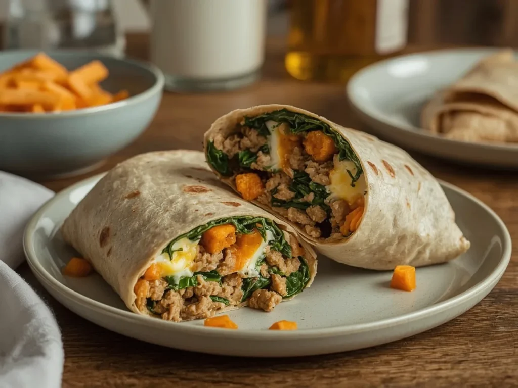Ground turkey and sweet potato breakfast burrito cut in half