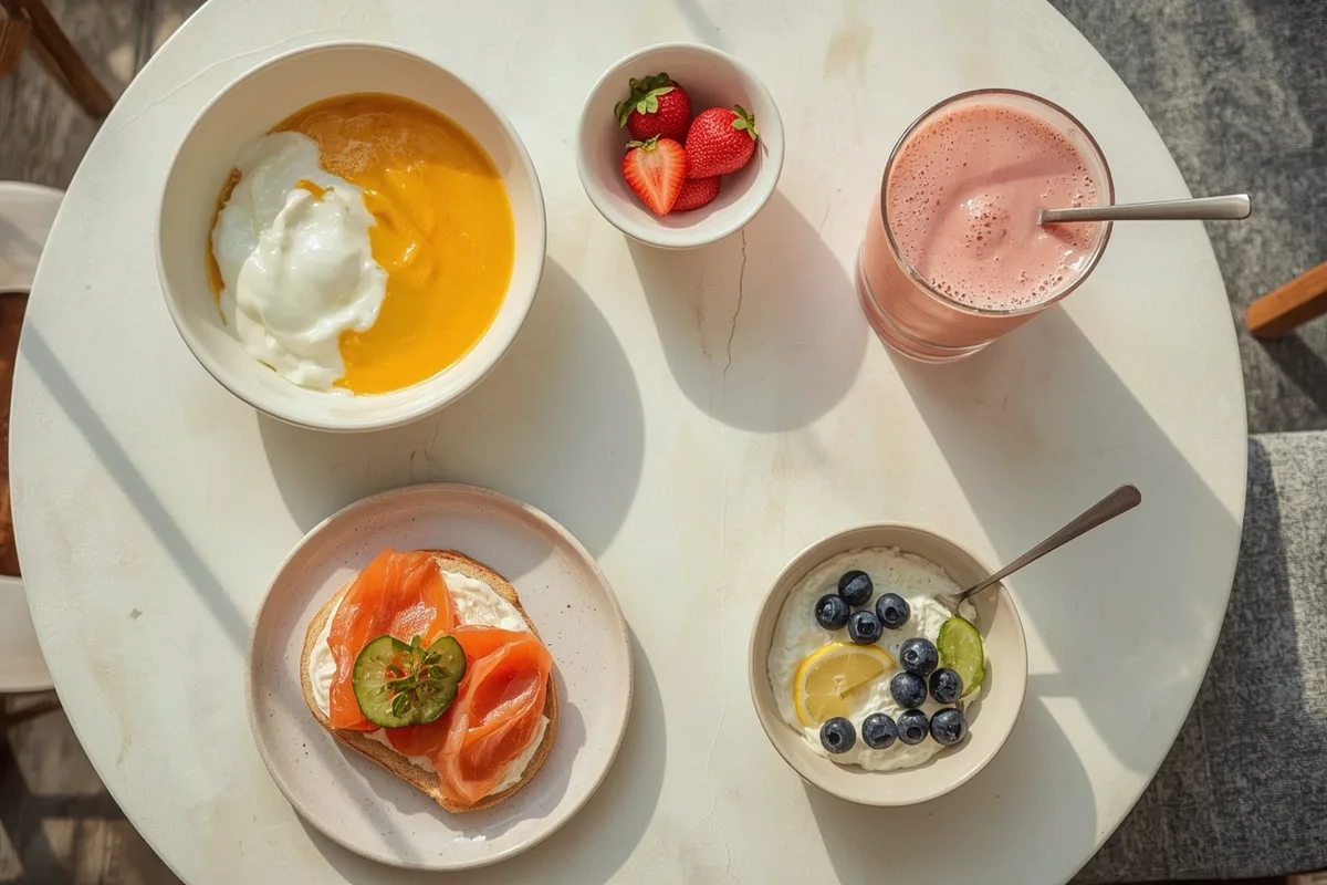 Healthy 30g protein breakfasts under 400 calories, including a mango yogurt bowl, egg white sandwich, strawberry smoothie and salmon toast