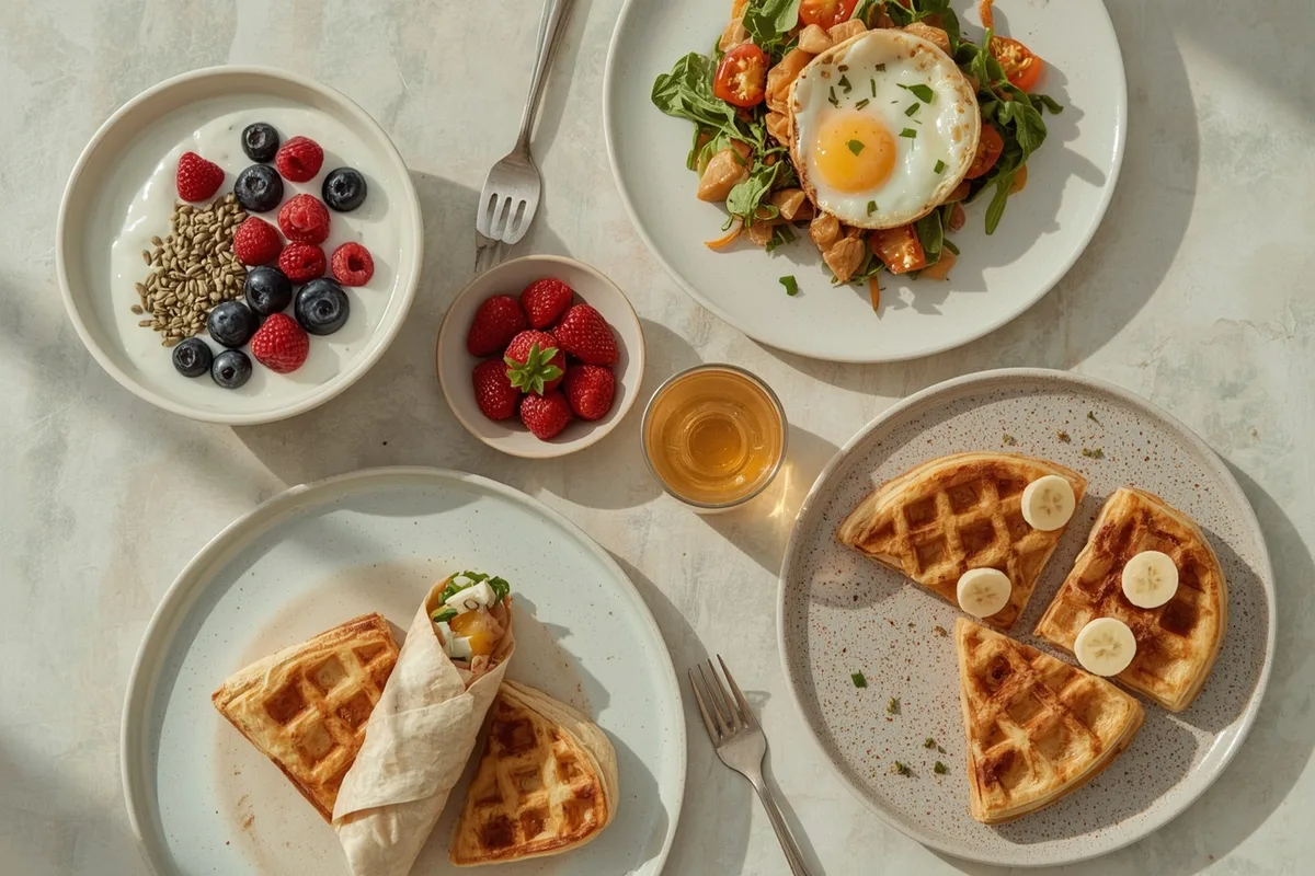 Healthy 50g protein breakfasts including a big yogurt bowl, veggie egg scramble, chicken egg white wrap and protein waffles