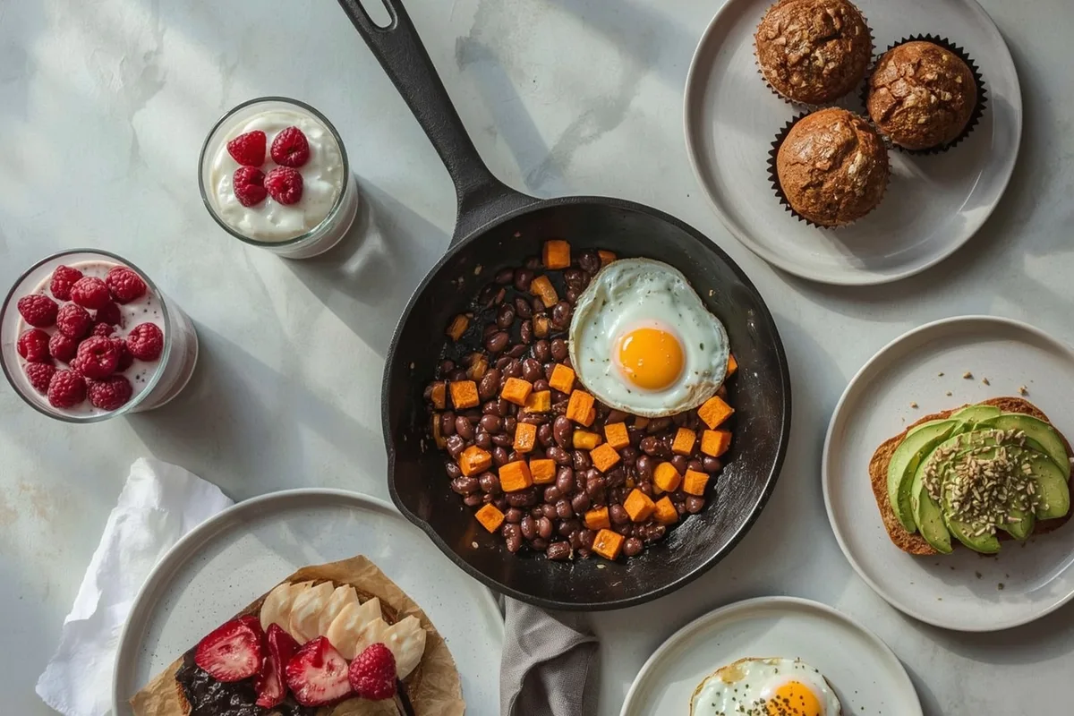 Healthy high-fiber high-protein breakfasts including raspberry chia pudding, black bean hash, bran muffins and bean avocado toast