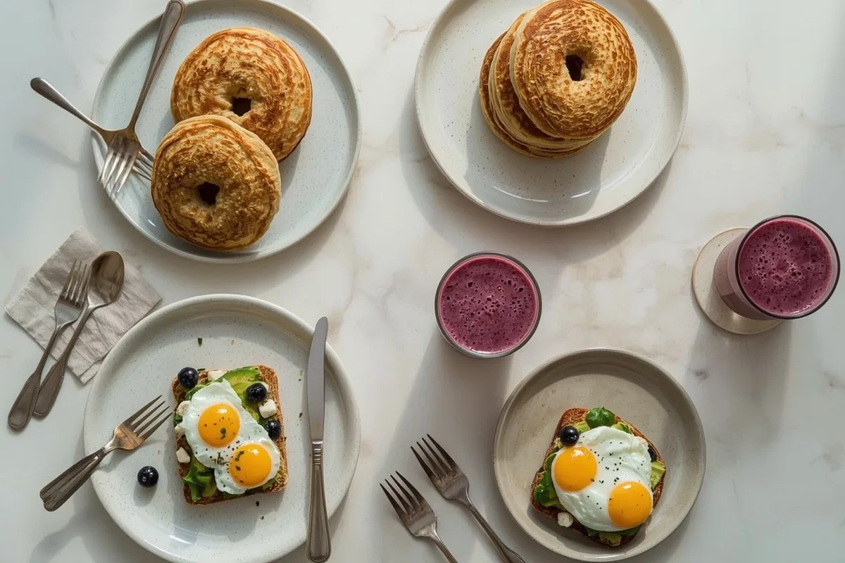 Healthy 5-ingredient high-protein breakfasts including Greek yogurt bagels, banana pancakes, egg muffins and avocado egg toast