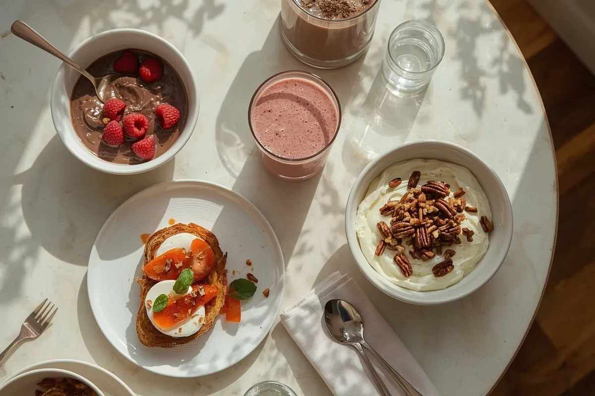 Healthy high-protein breakfasts ready in 5 minutes, including chocolate cottage cheese pudding, a smoothie, caprese toast and a yogurt bowl