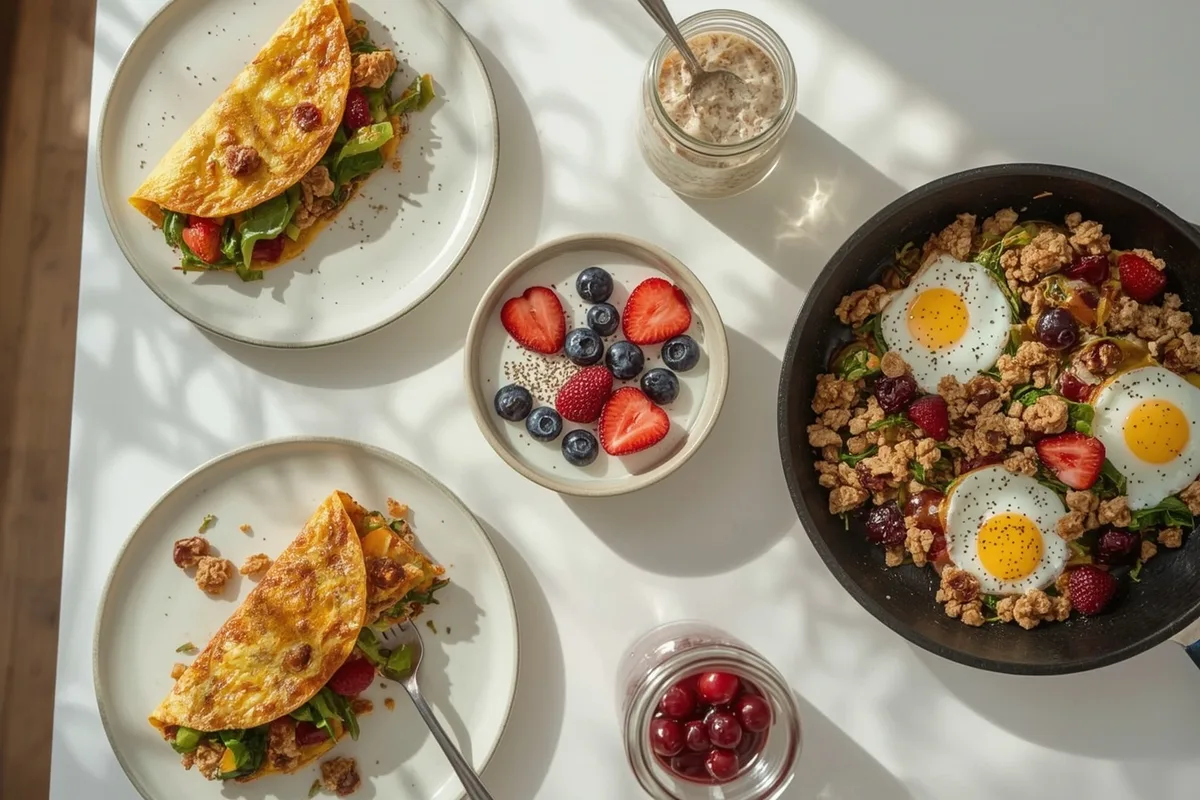 Healthy high-protein breakfasts for weight loss, including an egg white omelet, berry yogurt bowl, turkey hash and overnight oats
