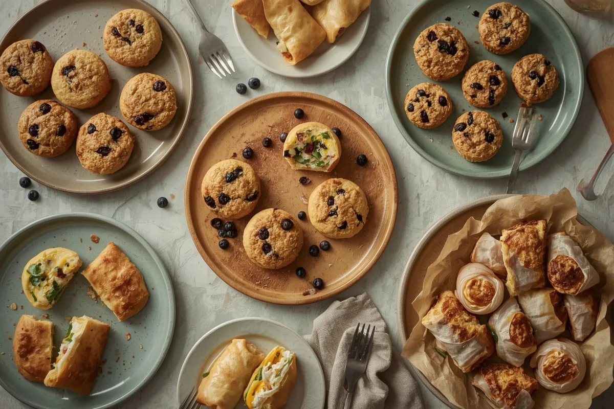 Healthy grab-and-go high-protein breakfasts including egg muffins, protein muffins, breakfast cookies and breakfast pockets