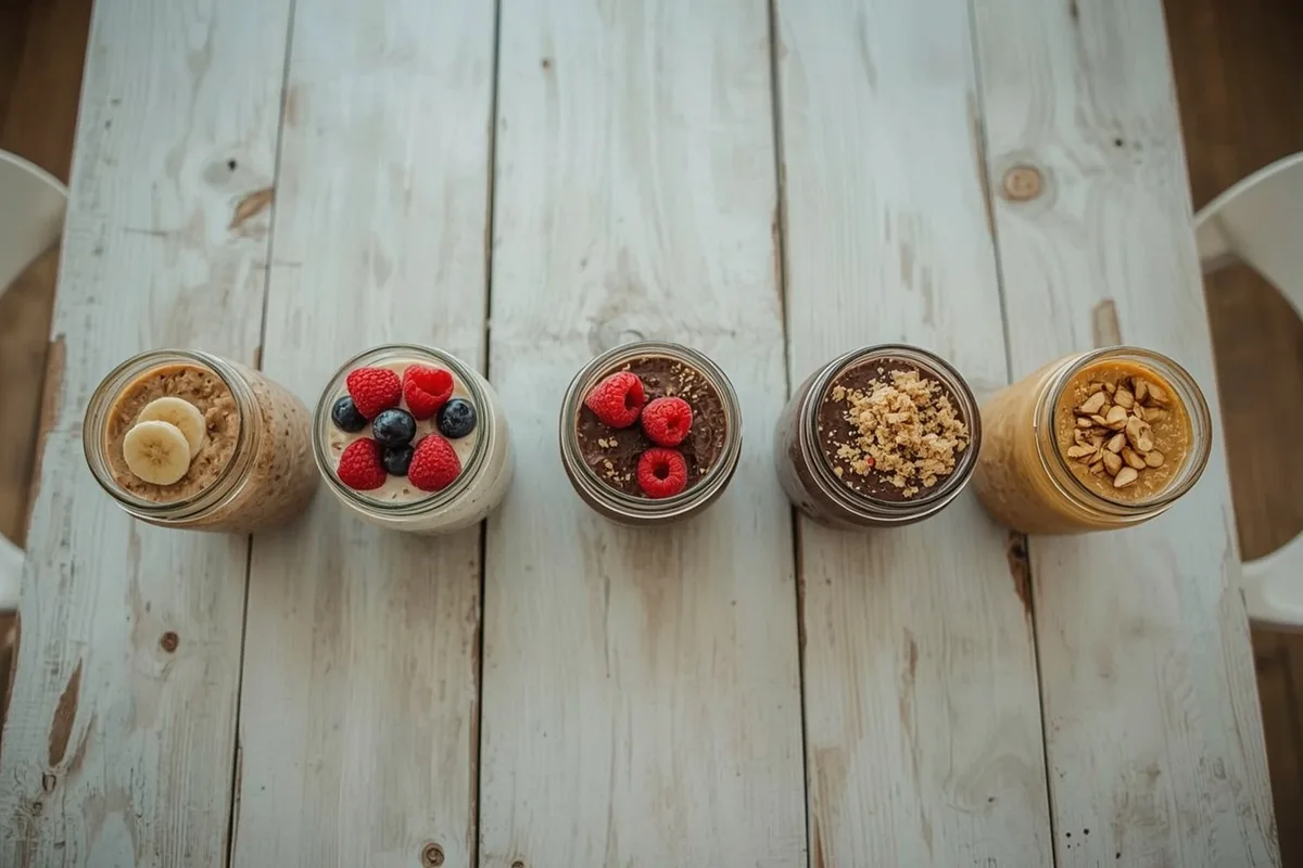 Healthy high-protein overnight oats in jars, including peanut butter banana, blueberry, chocolate, strawberry and pumpkin