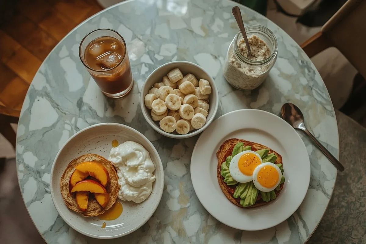 Healthy lazy girl high-protein breakfasts including protein coffee, cottage cheese with peaches, rice cakes and overnight oats