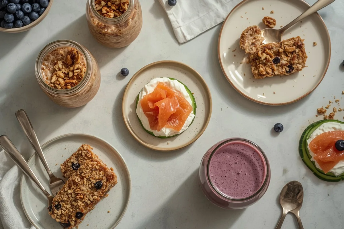 Healthy no-cook high-protein breakfasts including overnight oats, smoked salmon cucumber bites, protein bars and a smoothie
