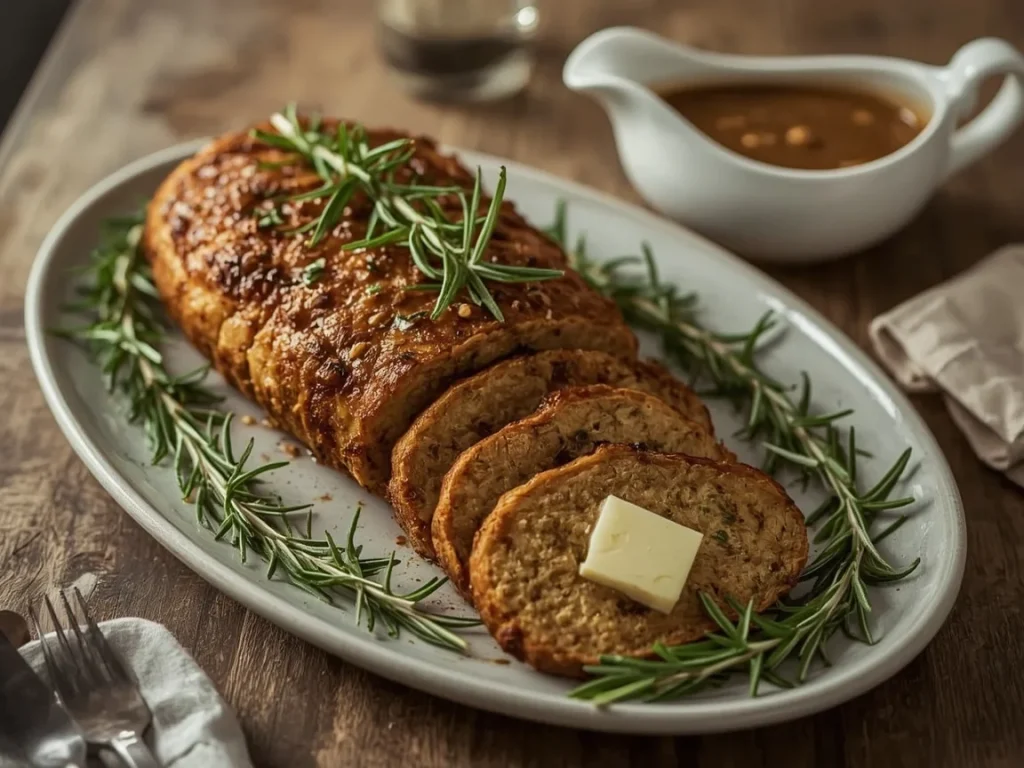 Sliced herb-roasted seitan roast with a gravy boat of mushroom gravy