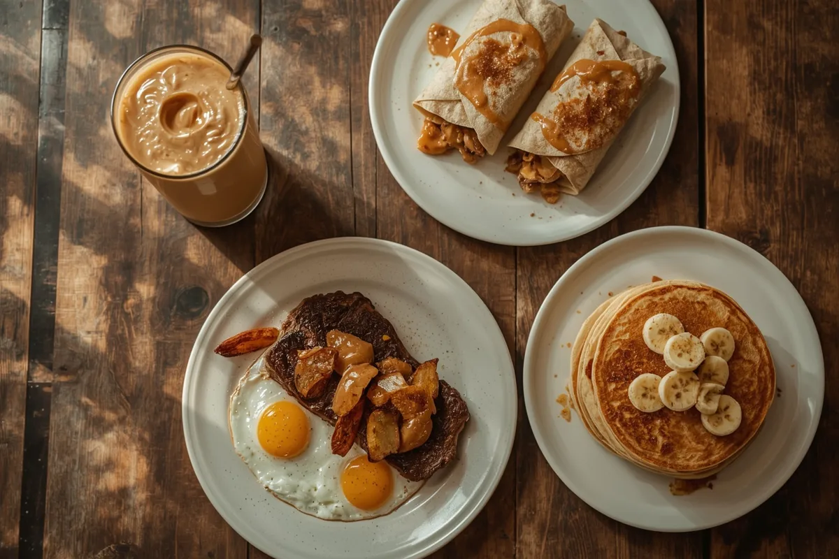 High-calorie 50g protein breakfasts including a peanut butter shake, loaded burrito, steak and eggs and protein pancakes