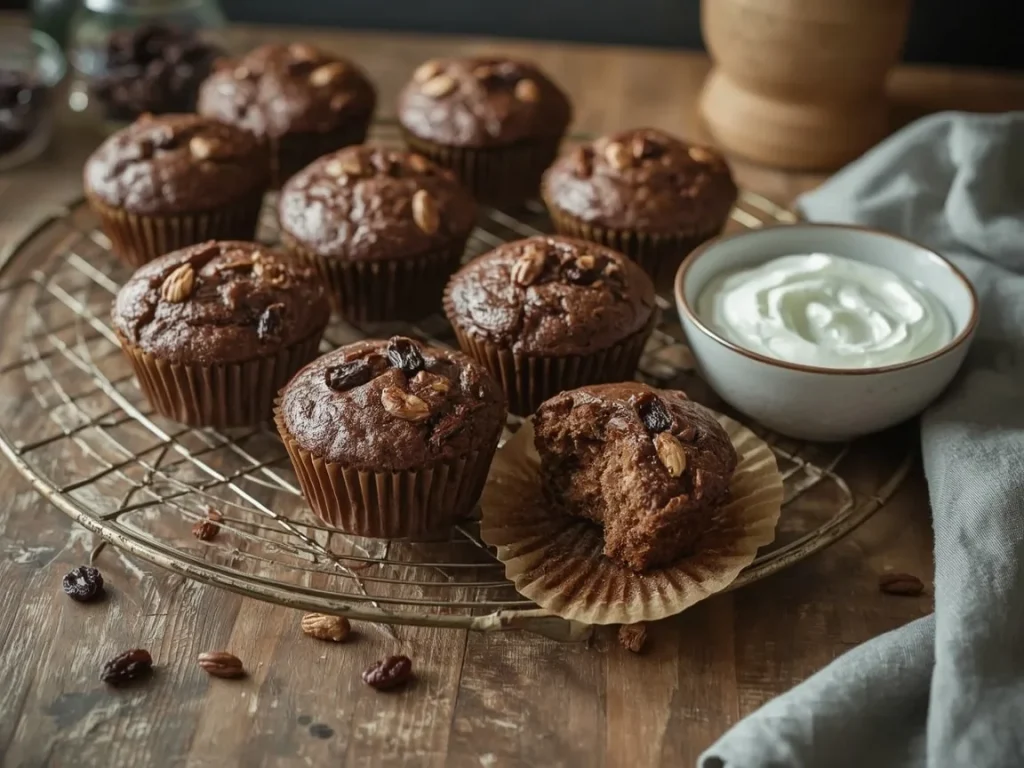 High-fiber bran muffins with raisins on a cooling rack