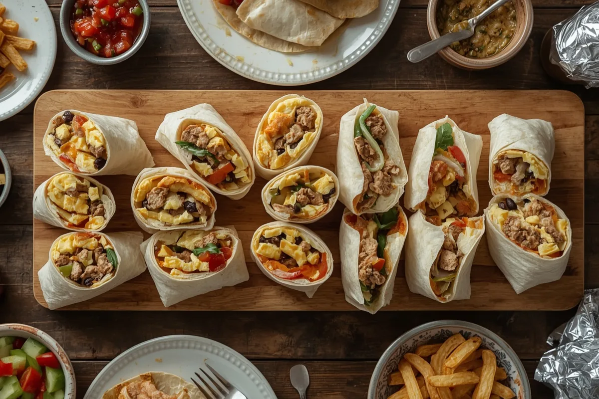 High-protein breakfast burritos for meal prep, some cut in half and some wrapped in foil, with salsa