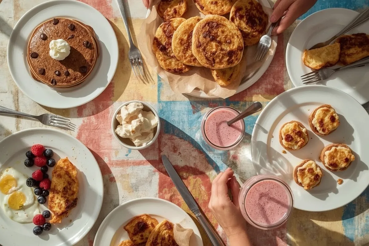 Kid-friendly high-protein breakfasts including chocolate chip pancakes, French toast sticks, mini egg muffins and breakfast pizzas