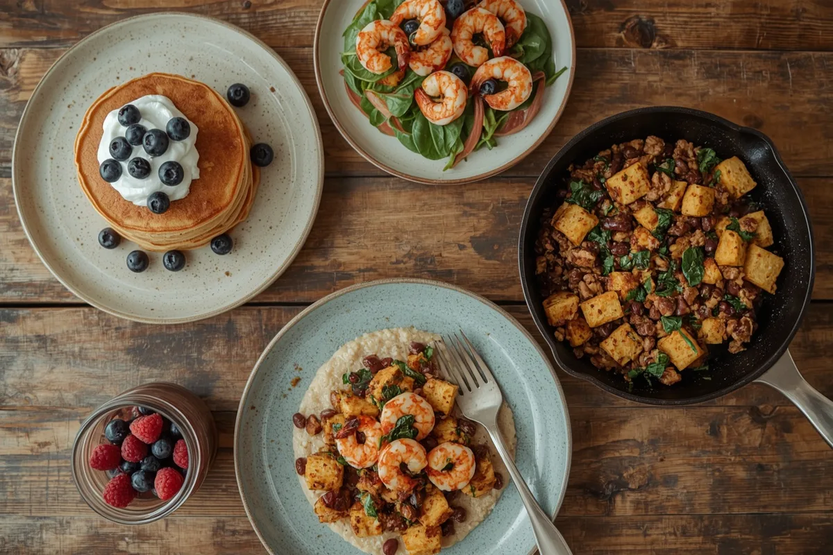 Overhead spread of high-protein breakfasts including protein pancakes, tofu scramble, shrimp and grits and chia pudding