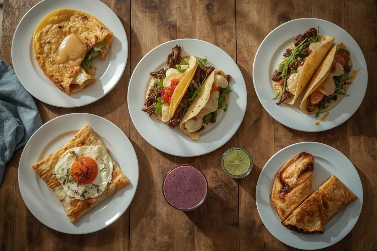 High-protein breakfasts in 15 minutes with 30g protein, including an omelet, steak tacos, salmon bagel and chicken quesadilla
