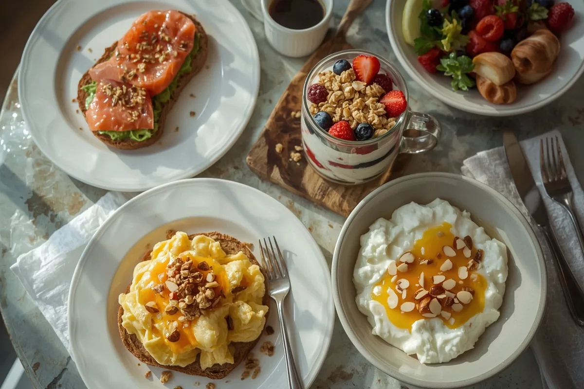 Quick high-protein breakfasts including smoked salmon toast, a yogurt parfait, an egg mug and a cottage cheese bowl