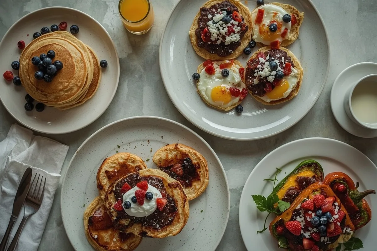 High-protein breakfasts without protein powder, including cottage cheese pancakes, tostadas, French toast and stuffed peppers