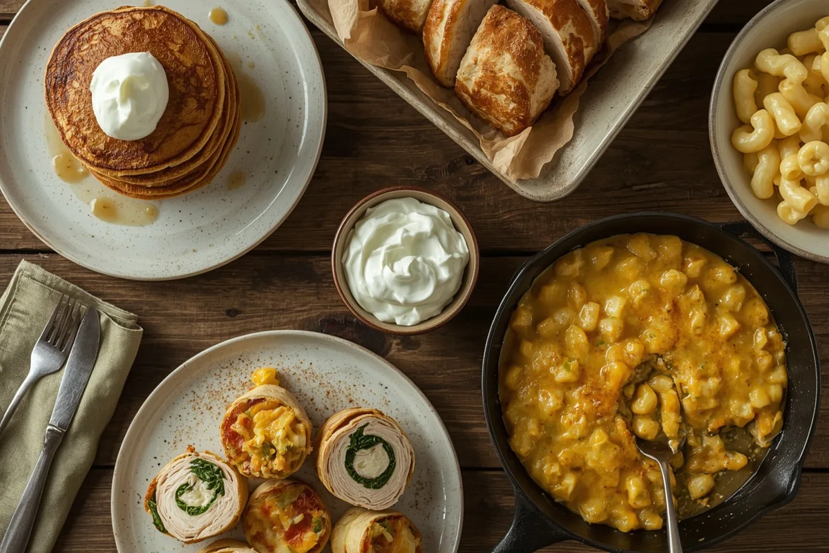 Thanksgiving dishes made with cottage cheese, including pumpkin pancakes, stuffed turkey breast, scalloped potatoes and mac and cheese