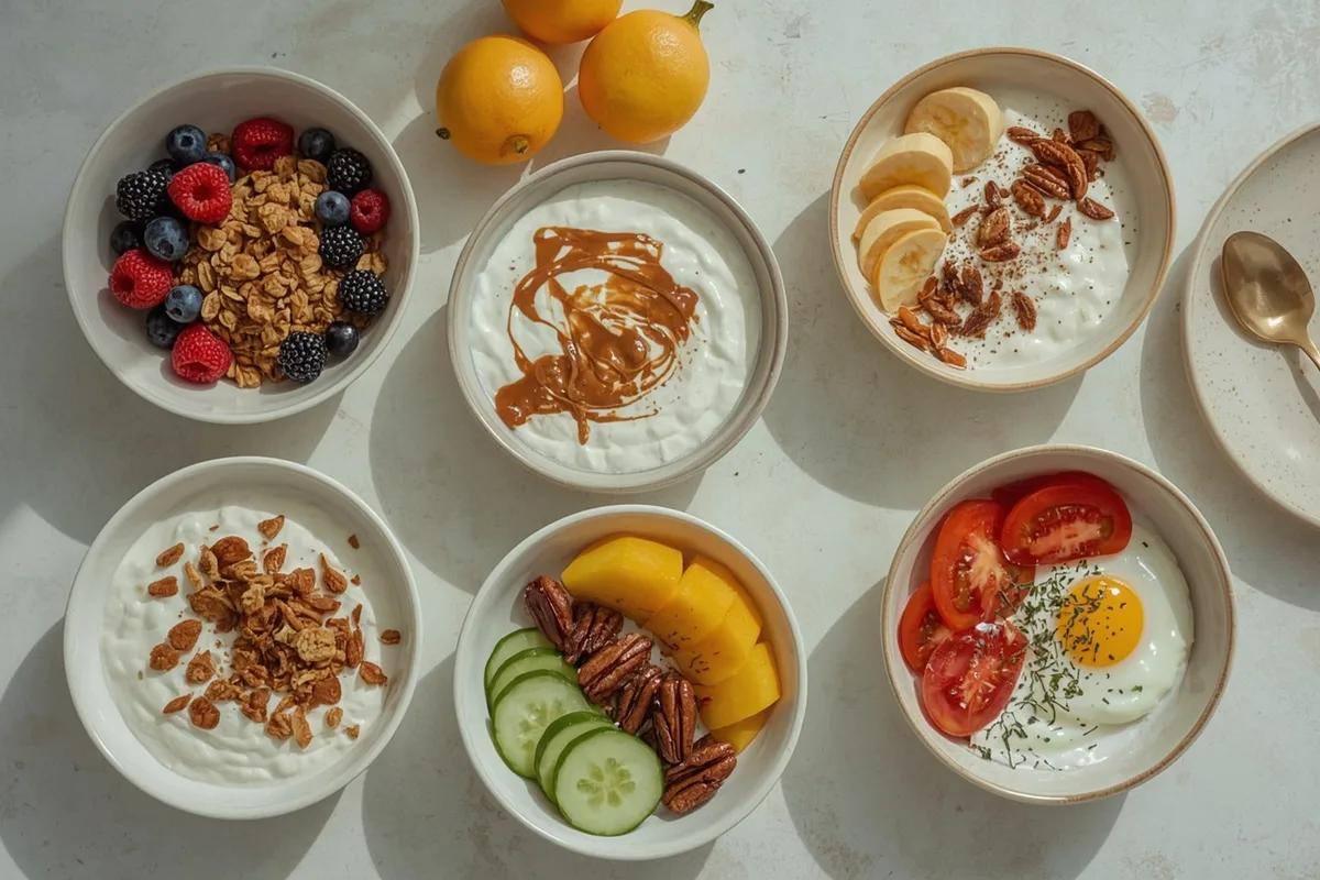 High-protein Greek yogurt breakfast bowls with berries, peanut butter banana, apple pie, mango coconut and savory toppings