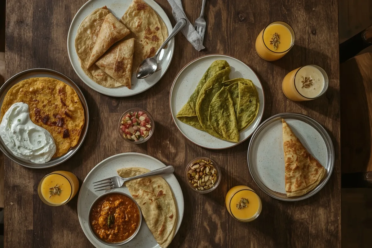 High-protein Indian breakfast spread with paneer paratha, pesarattu, masala omelette, shrikhand and mango lassi