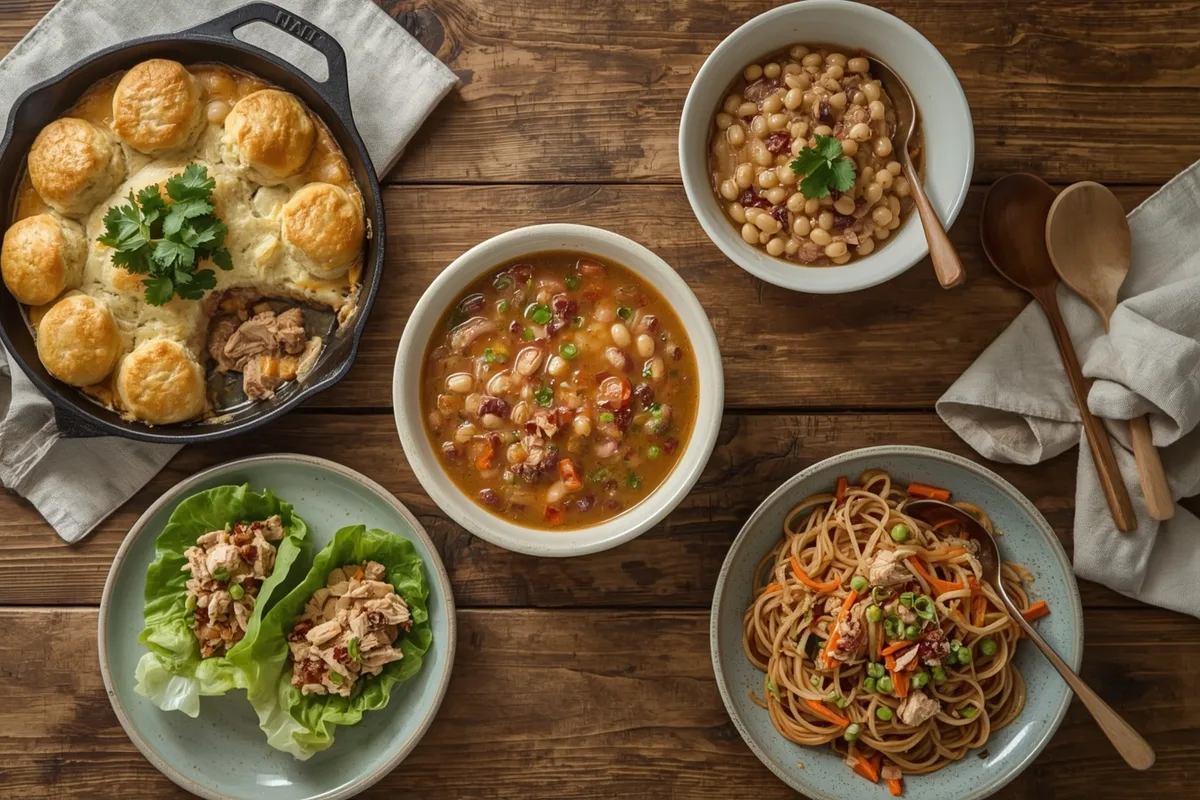 Leftover turkey dishes including a pot pie skillet, white bean chili, turkey salad lettuce cups and peanut noodle bowls