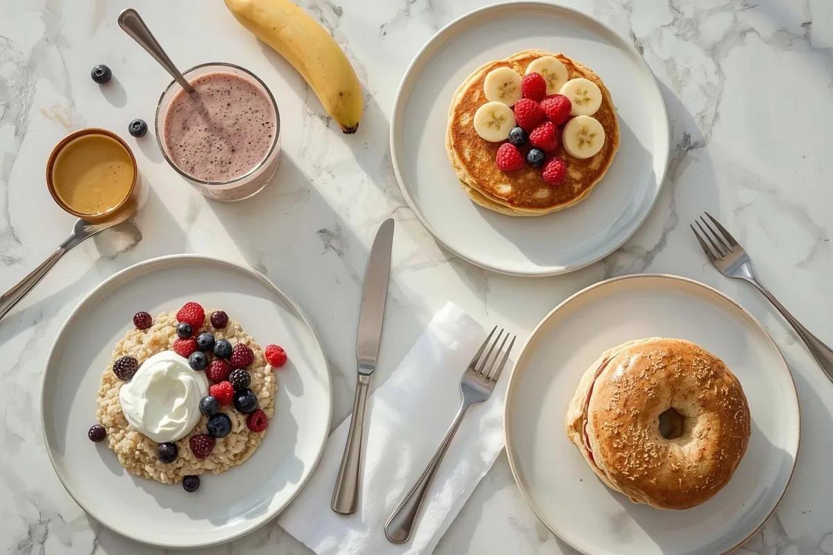 High-protein pre-workout breakfasts including a banana smoothie, protein oatmeal, yogurt rice cakes, pancakes and a turkey bagel