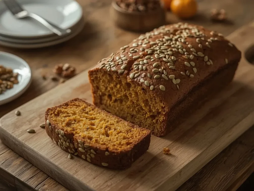 Sliced pumpkin bread loaf topped with pumpkin seeds on a wooden board