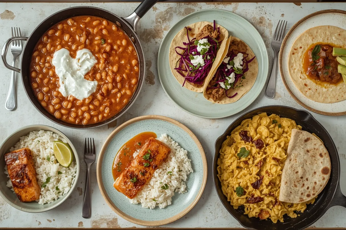 Savory high-protein breakfasts including white beans in tomato sauce, turkey tacos, a salmon rice bowl and paneer bhurji