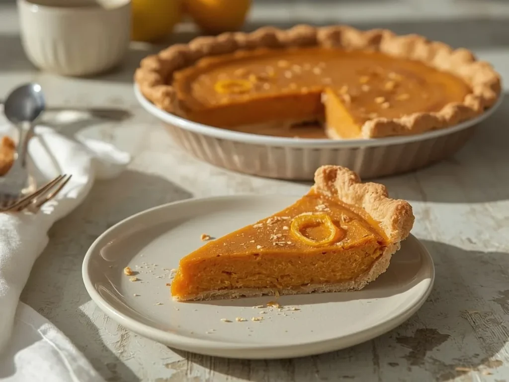 Slice of sweet potato pie with a golden almond oat crust