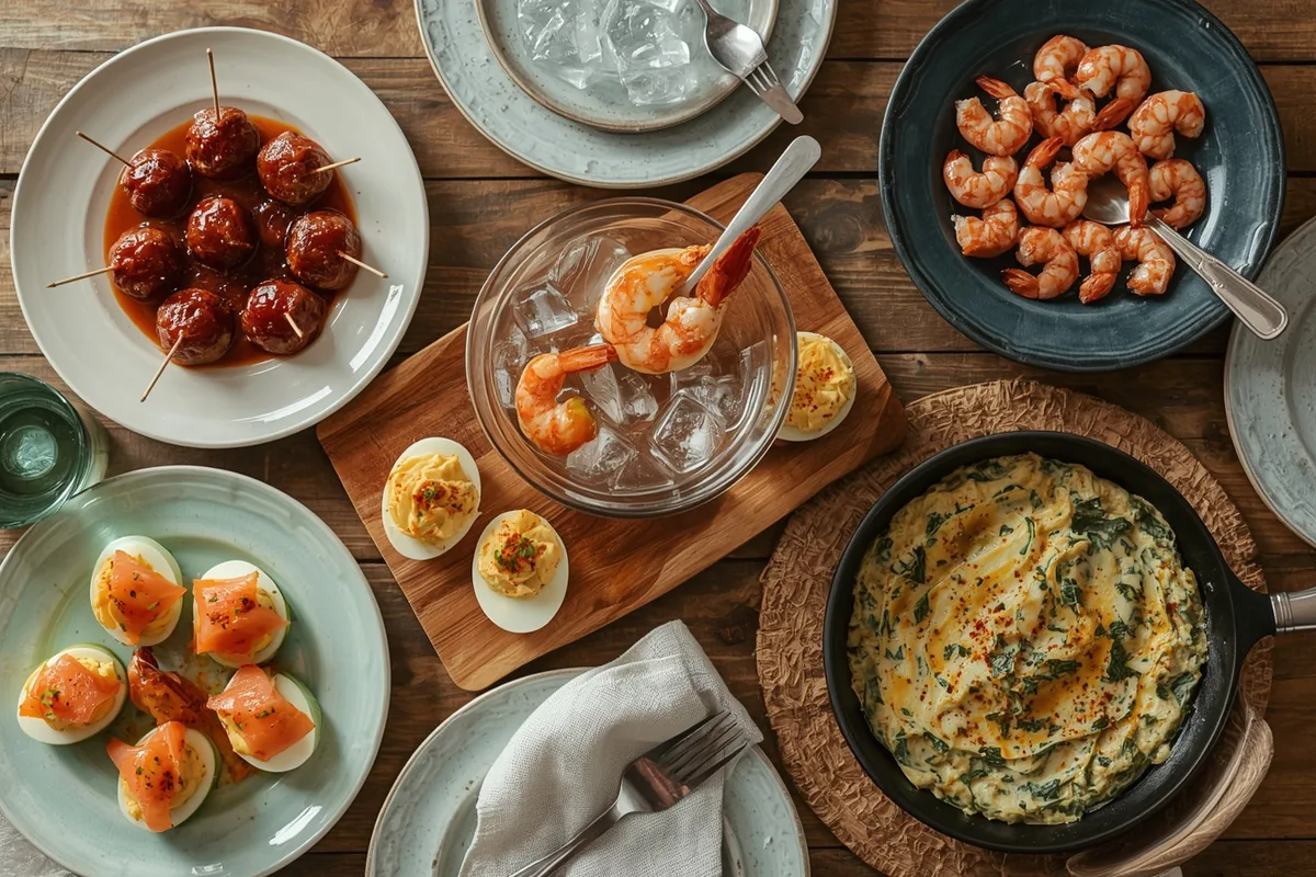 Thanksgiving appetizer spread with turkey meatballs, shrimp cocktail, deviled eggs, salmon bites, spinach dip and crostini