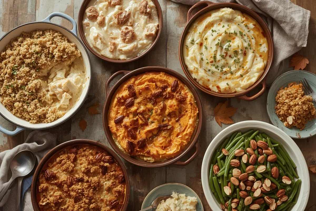 Make-ahead Thanksgiving casseroles including turkey tetrazzini, stuffing, mashed potatoes, sweet potato and green bean casseroles