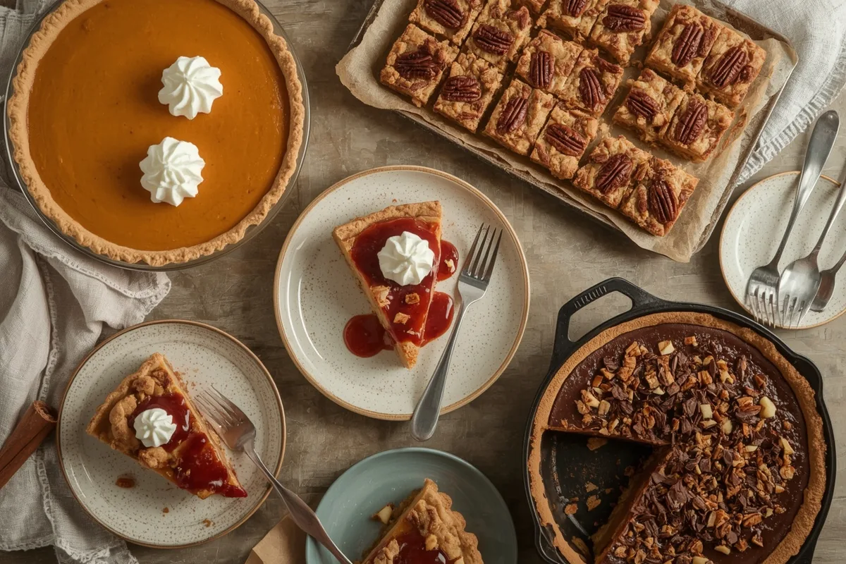 High-protein Thanksgiving desserts including pumpkin pie, pecan pie bars, cranberry cheesecake, chocolate pie and apple crisp