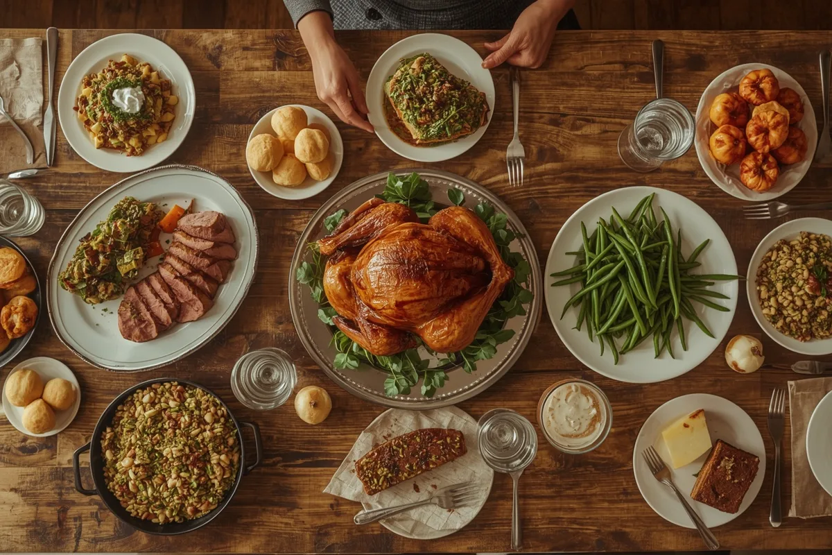 Full Thanksgiving feast with roast turkey, sirloin, salmon, potatoes, green beans, stuffing, rolls and desserts