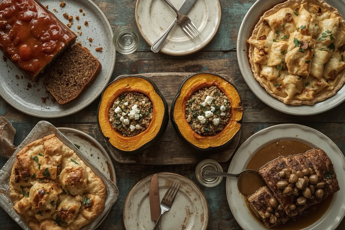 Vegetarian Thanksgiving mains including lentil loaf, stuffed acorn squash, spanakopita pie, stuffed shells and seitan roast