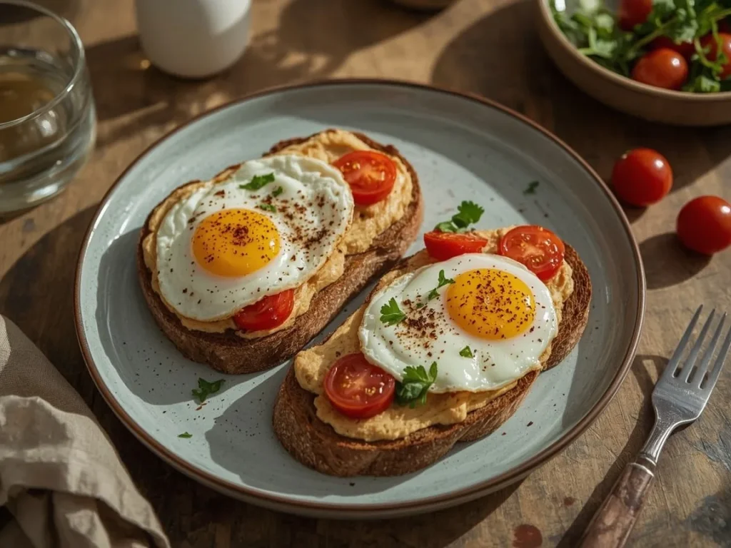 Hummus and fried egg toast with smoked paprika and tomatoes
