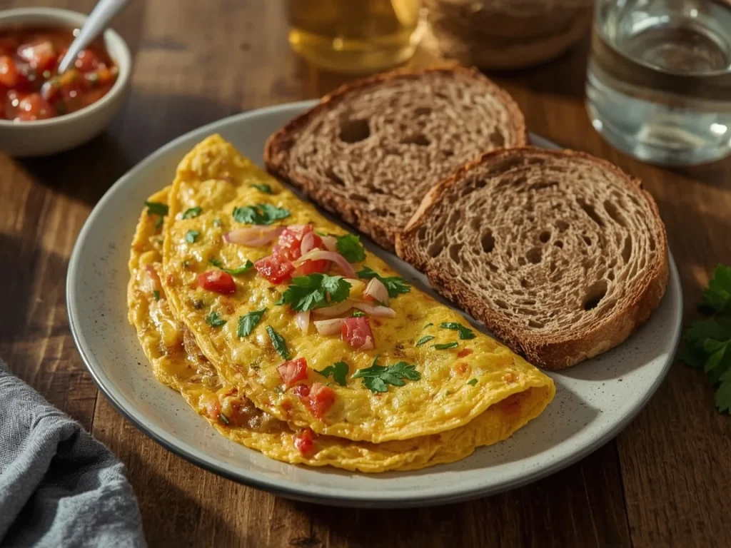 Indian masala omelette with onion, tomato and cilantro served with toast