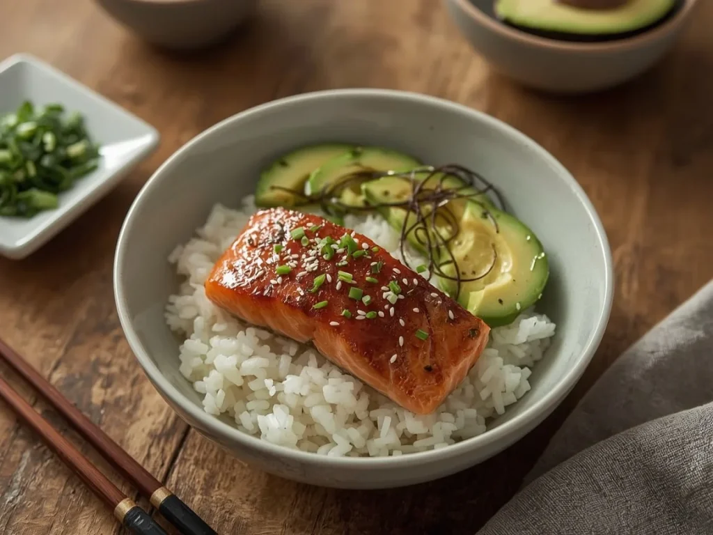 Japanese-style salmon rice bowl with cucumber, avocado and nori