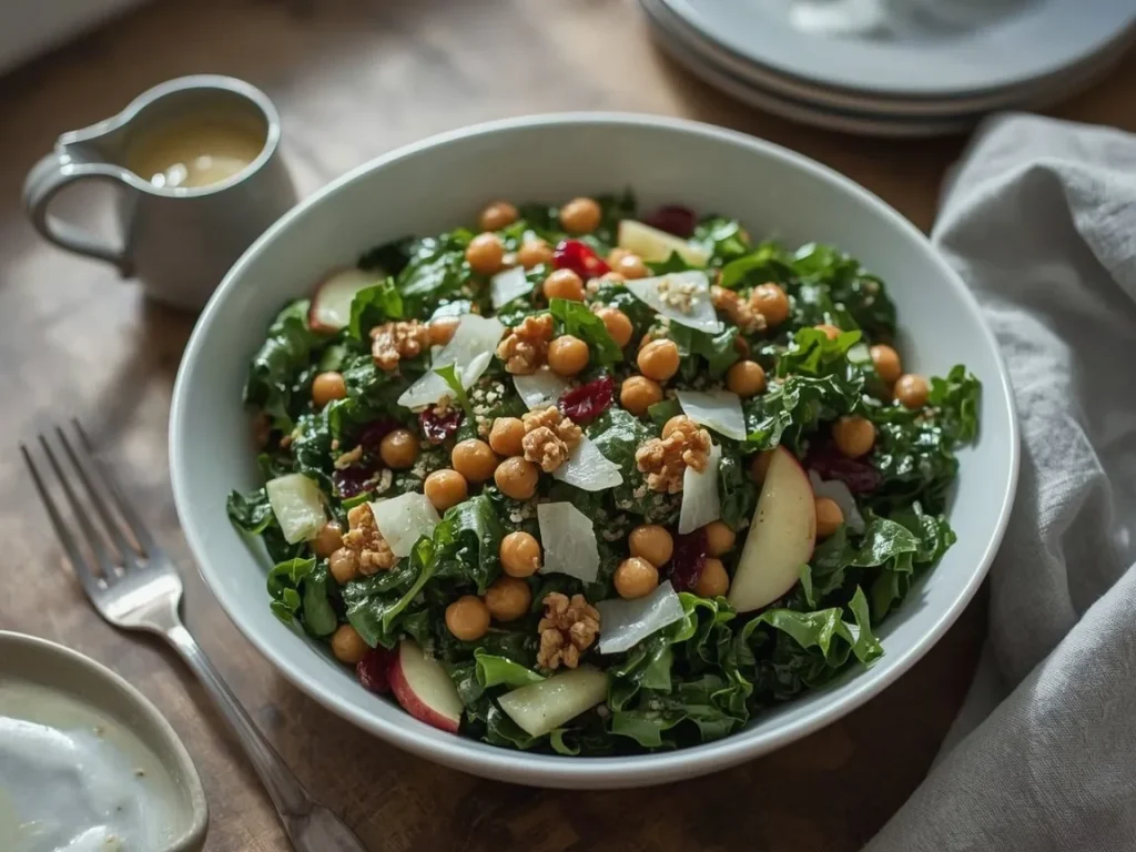 Kale and apple salad with chickpeas, quinoa, walnuts and creamy cottage cheese dressing